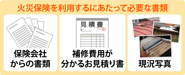 火災保険を利用するにあたって必要な書類。保険会社からの書類。補修費用がわかるお見積もり書。現状写真。