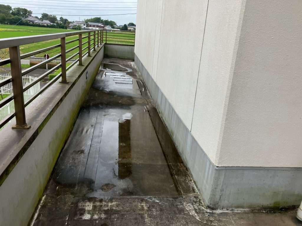 通路床に残る雨水