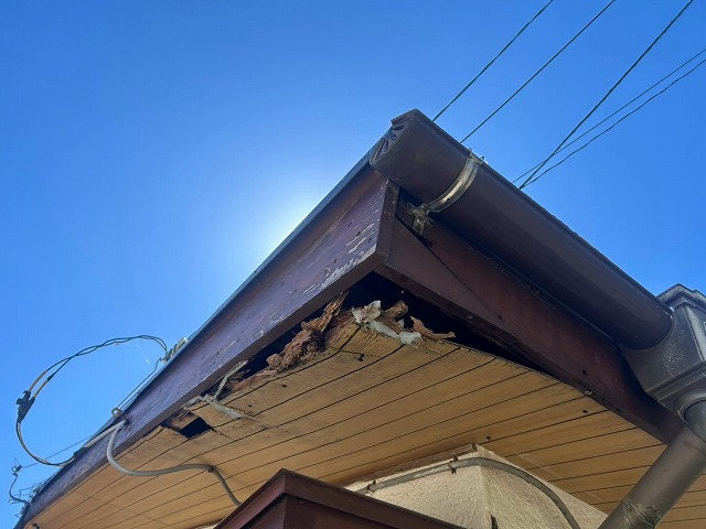 龍ケ崎市で外装工事の現地調査、破風板の腐食や屋根材のひび割れ、軒天破損を確認