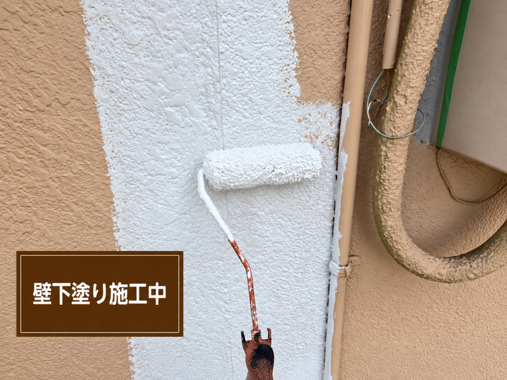 【施工中】龍ケ崎市でビル外壁塗装、壁の下塗り・中塗りと屋根上塗り、付帯部錆止めまで進めた施工