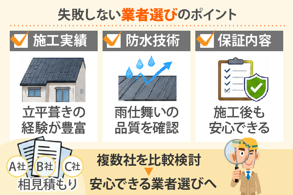 失敗しない業者選びのポイントとして、立平葺きの経験が豊富、雨仕舞いの品質を確認、施工後も安心できる業者選びを心がけましょう。