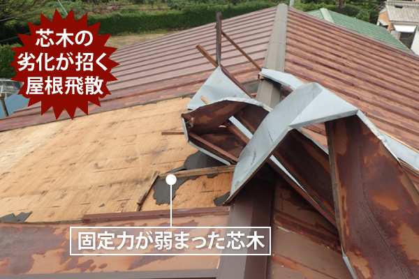 芯木の劣化が招く屋根飛散